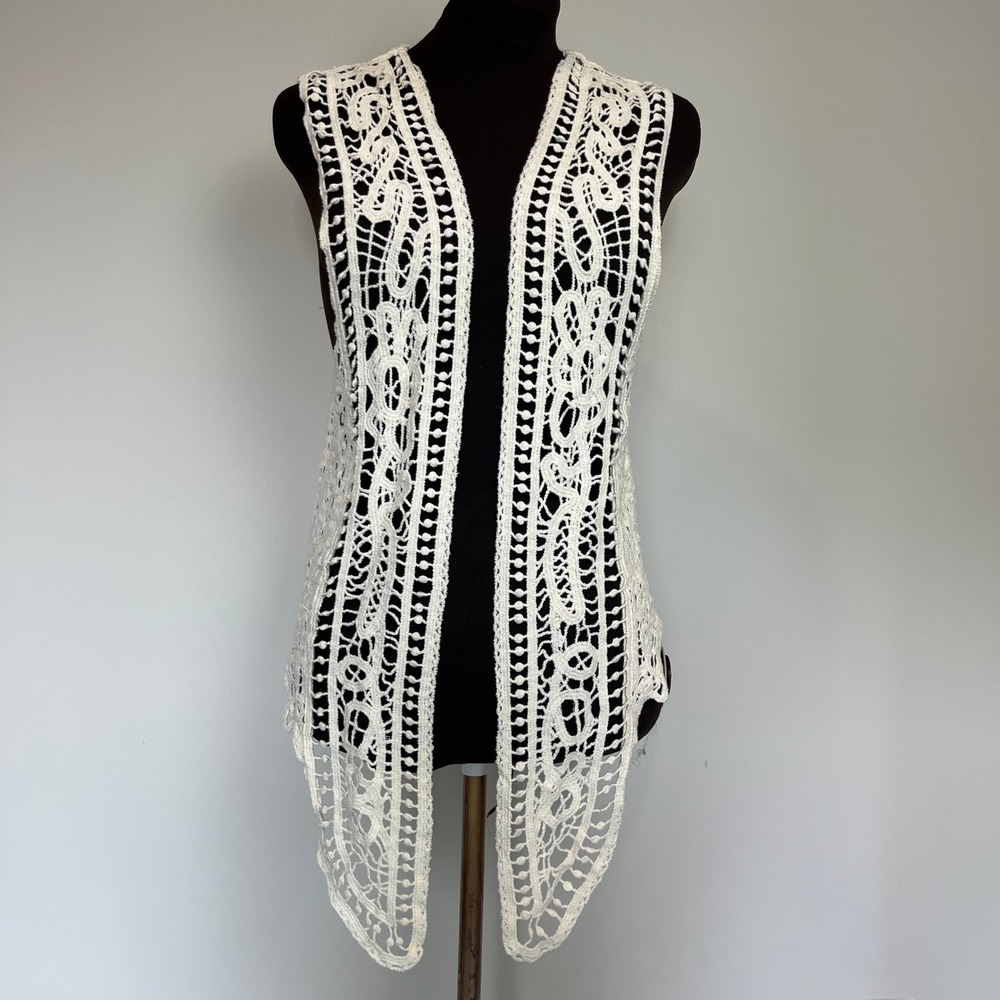 Boho Crochet Lace Open Vest Cream Sleeveless Duster Cardigan Festival One Size